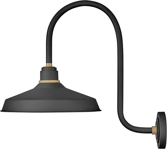 Hinkley Foundry Classic Large Tall Gooseneck Barn Light - Aluminum, Dark Sky Compliant, Industrial, 27" Extension, 16" Shade - Textured Black Finish with Brass Accent