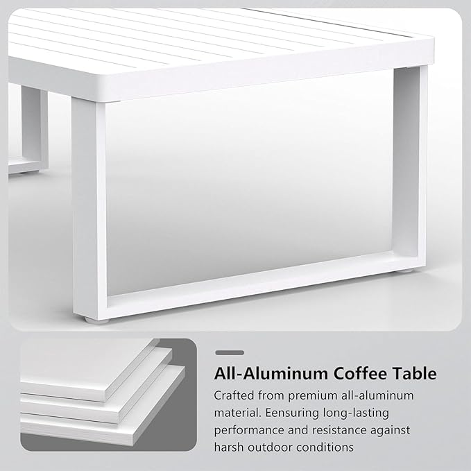 Aluminum Outdoor Patio Coffee Table for for Deck, and Poolside (White, All-Aluminum)