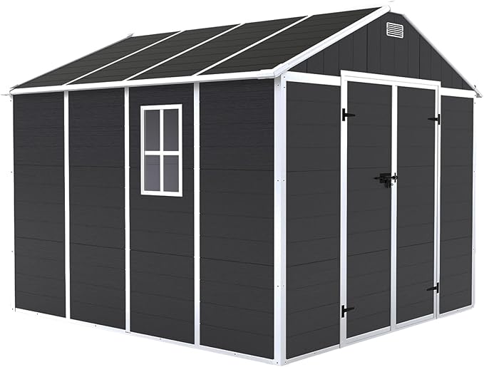 Resin Storage Shed 8x8ft, Outdoor Storage Sheds with Floor, Window, Lockable Doors and Vents, 12mm Thick pp Board, Large Storage Space Tool Shed for Bike, Garden, Backyard, Lawn (Dark Gray, 8 * 8ft)