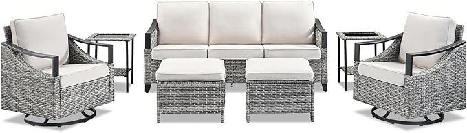 7 Pieces Patio Furniture Sets - High Back Outdoor Sectional Couch with Wicker Swivel Rocker Chairs, Rattan Ottomans with Side Table, Patio Conversation Set for Deck Garden Porch Balcony Gray/Beige