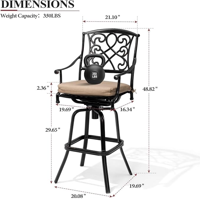 Crestlive Products Outdoor Bar Stools with Sunbrella Cushion Set of 2, 360° Swivel Patio Bar Height Chairs, All Weather Heavy Duty Commercial Grade Furniture, Antique Brown Finish for Outside (Beige)