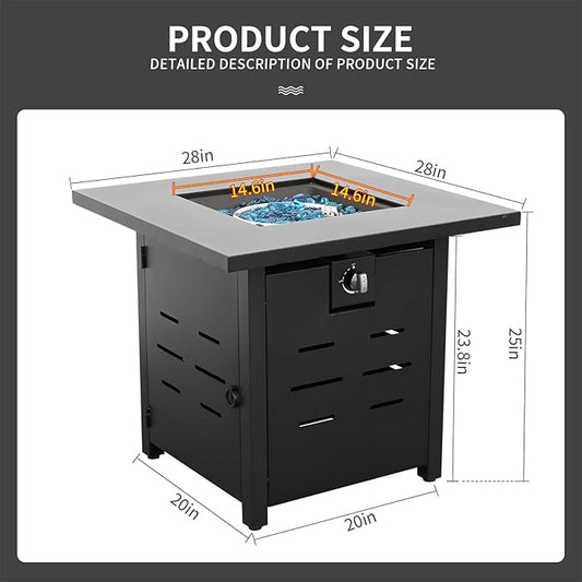 WAROOM Outdoor Propane Fire Pit, 28 Inch Patio Firepit Table with Fire Glass, and Waterproof Cover, for Outside Parties and Gatherings on Patio Garden Backyard Porch