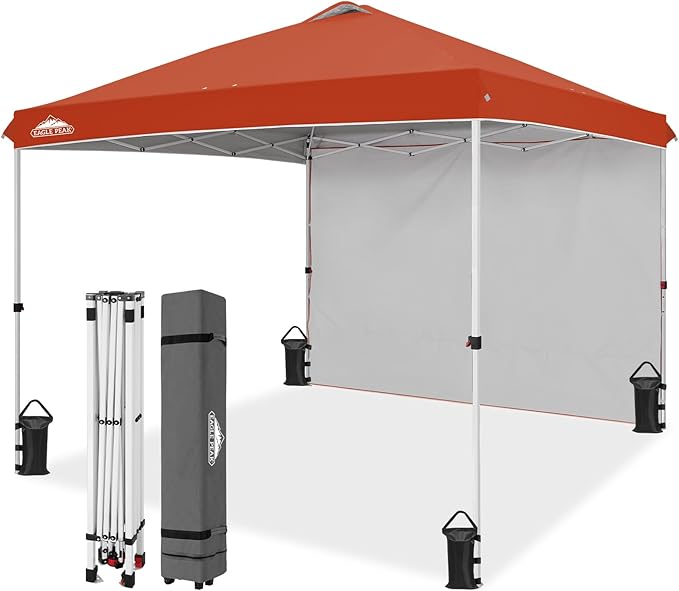 EAGLE PEAK Pop Up Canopy Tent with 1 Sidewall, Easy Setup Event Tent, Outdoor Sun Shade, Wheeled Carry Bag, Stakes and Guy Ropes, Instant Canopy 10x10, Brick Red
