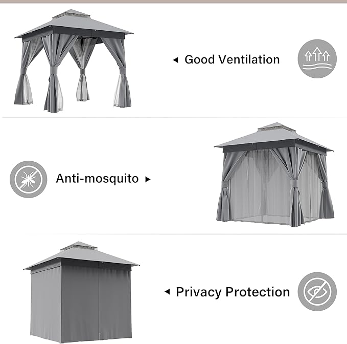 LAUSAINT HOME Outdoor Patio Gazebo 8'x8' with Expansion Bolts, Heavy Duty Party Tent & Shelter with Double Roofs, Mosquito Nettings and Privacy Screens for Backyard (Grey)
