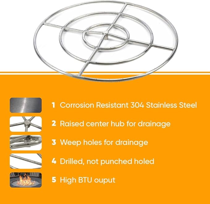 HPC Match Lit Fire Pit Burner Kit (FPS36HCKIT-PAN-NG-MSCB), Round, 36-Inch Burner, 42-Inch Flat Pan, Natural Gas, Polished Chrome, with Flange, Key, Valve, Flex Line and Fittings