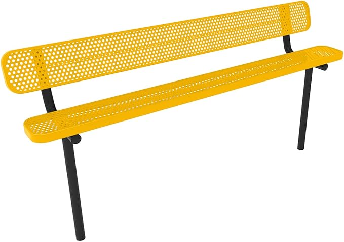 COATEDOUTDOORFURNITURE Coated Outdoor Furniture Heavy-Duty Outdoor Bench Thermoplastic Coated, Punched Steel, Commercial-Grade Seating, Made in America (Inground with Back, 8 Ft, Yellow)