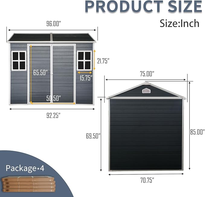 8x6 ft Outdoor Resin Storage Shed with Floor, Waterproof Plastic Garden Shed with Lockable Door and Two Windows, All-Weather Tool Sheds for Backyard, Patio, Lawn (Black)