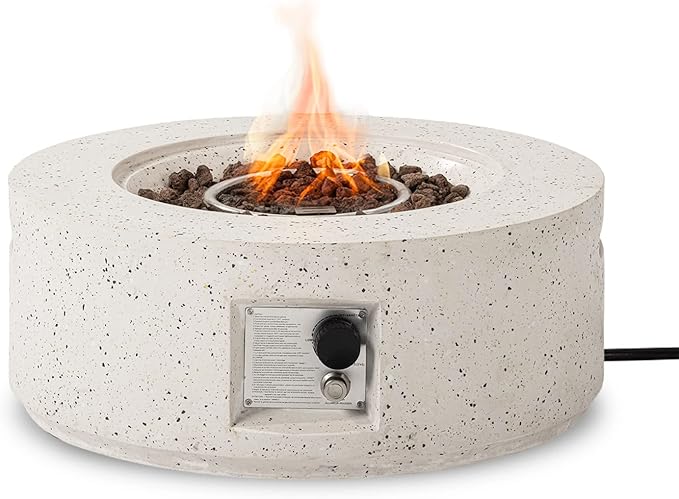 SUNBURY Outdoor 28 Inch Propane Fire Pit Table, 40,000 BTU Spotted White Patio Gas Fire Table w Lava Rocks, Waterproof Cover