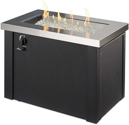 Outdoor GreatRoom Co Propane Fire Pit Table - Providence Gas Fire Pits for Outside Patio - 32 Inch Rectangular Stainless Steel Top Firepit Fire Table, Glass Tabletop Cover, Metal Base, 55,000 BTU