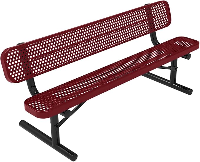 COATEDOUTDOORFURNITURE Coated Outdoor Furniture Heavy-Duty Portable Outdoor Bench Thermoplastic Coated, Punched Steel, Commercial-Grade Seating, Made in America (Portable with Back, 6 Ft, Burgundy)