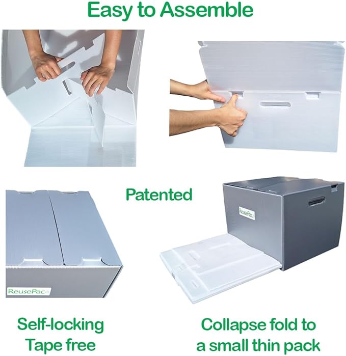Reusable Foldable Box Corrugated PP Lightweight, Storage Moving Mailing, Heavy Duty Stackable, Tape Free Self-Locking Lid, Handles for Business Home (6 Pack oWhite 18x14x12 in)