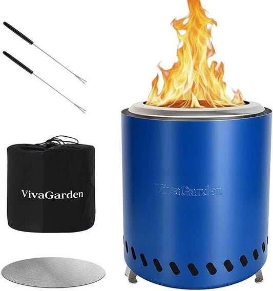 9.5 X 8.6 Inch Tabletop Fire Pit, VivaGarden Portable Firepit, Smokeless Table Top Firepit, Safe Burning Camping Stove, Fueled by Pellets or Wood, Forks, Mat & Travel Bag Included, Blue