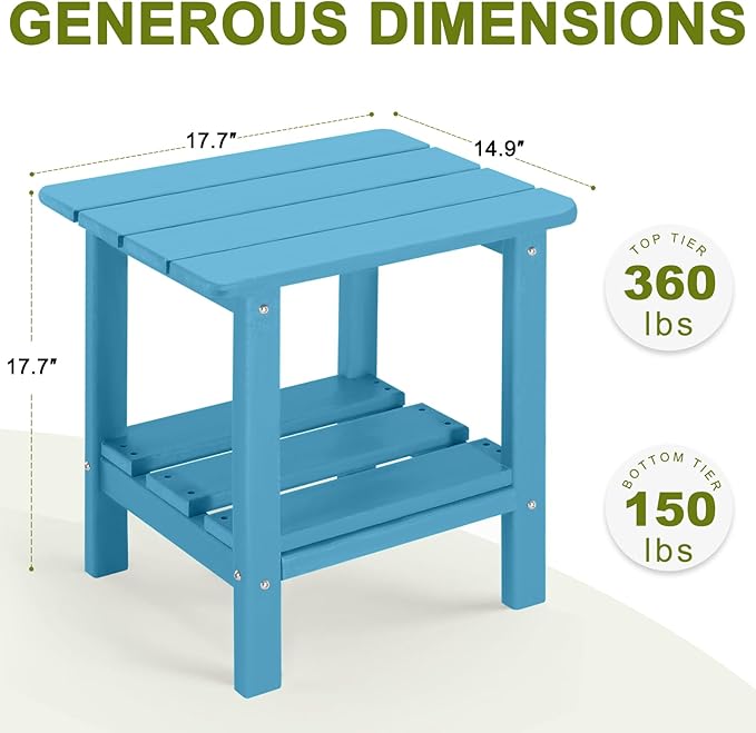 Set of 2 Outdoor Side Table, 2-Tier Small Patio End Table, Weather Resistant HDPE Adirondack Outdoor End Tables for Garden, Lawn, Pool, Beach, Porch, Deck, Backyard - Square, Blue