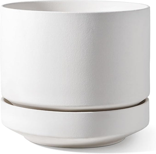 LE TAUCI 12 Inch Pots for Plants with Saucer | Ceramic Outdoor & Indoor Planter Pot for Plants | Drainage Hole, Mesh Pad & Plug | Unglazed Porous | Modern for Home, Office and Patio – Chalk White