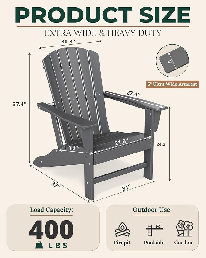 BRIOPAWS Adirondack-Chairs-Set of 4 | Fire Pit Chair | Oversized | HDPE Plastic | Weather Resistant | for Deck Outdoor Poolside Campfire | Grey