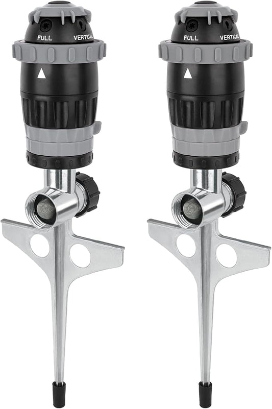 [2 Pack] RESTMO Gear Drive Sprinkler with Metal Spike Base, 5-Pattern Heavy Duty Gardening Watering System, Multi-Adjustable Lawn Sprinkle for Garden Plant, Flower Bed and Large Yard Area, Gray