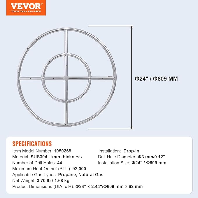 VEVOR 24 inch Round Drop-in Fire Pit Pan, Stainless Steel Fire Pit Burner, Natural & Propane Gas Fire Pan 92,000 BTU, for Indoor or Outdoor Use