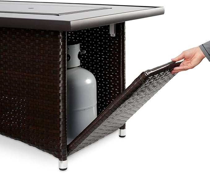 Outdoor GreatRoom Co Propane Fire Pit Table - Balsam Montego Gas Fire Pits for Outside Patio - 60 Inch Rectangular Glass Top Firepit Fire Table with Matching Tabletop Cover, Wicker Base, 80,000 BTU