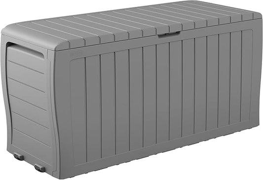 Keter Marvel Plus 71 Gallon Resin Outdoor Storage Box for Patio Furniture Cushions, Throw Pillows, Garden Tools and Pool Floats, Light Grey
