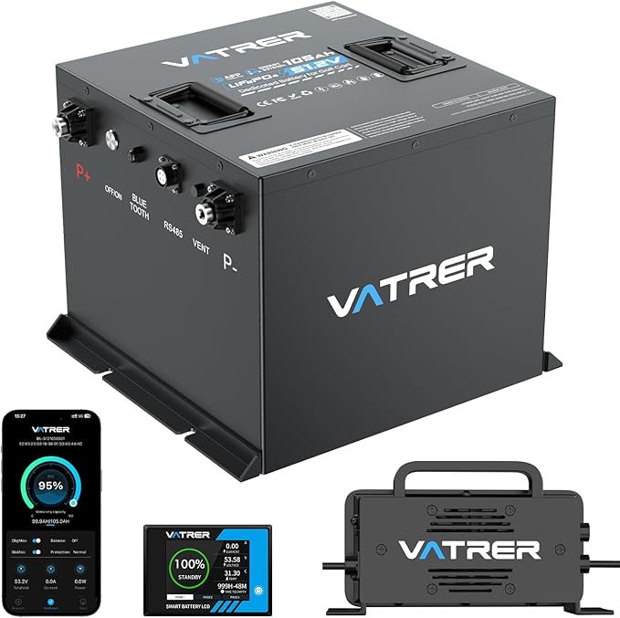 VATRER POWER 48V 105Ah Mini Lithium Golf Cart Battery, Built-in 200A BMS, with LCD Display & APP, 4000+ Cycles LiFePO4 Battery with 20A Lithium Charger, Max 10.24kW, Perfect for Golf Carts