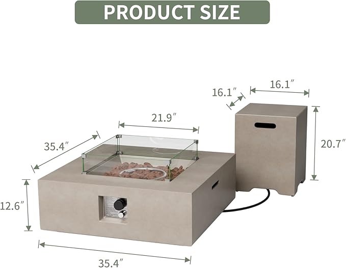 COSIEST 35-inch Square Outdoor Sandstone Propane Fire Pit w Wind Guard and Side Table, Certified, 50,000 BTU Stainless Steel Burner, Free Lava Rocks and Rain Cover, Metal Lid(Gray)