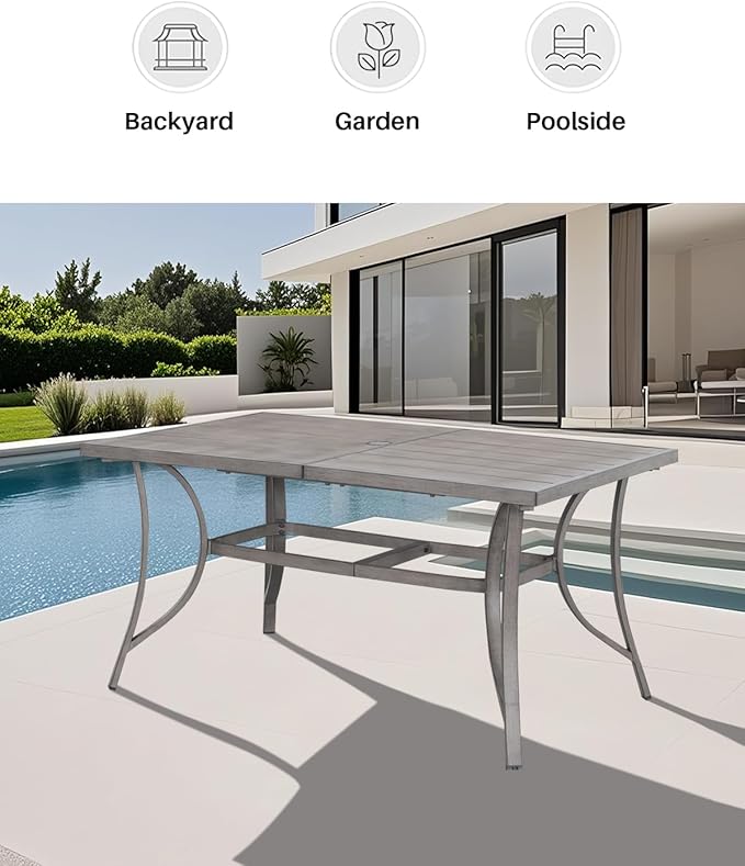 SEEHILL Aluminum Patio Dining Table for 6, Limed Oak Outdoor Rectangle Dining Table with Umbrella Hole, Rustproof 6 Person Outdoor Dining Tables for Backyard, Deck, Garden, Poolside, Porch