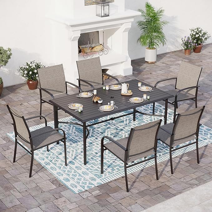 67" Patio Dining Table for 6,Large Rectangle Patio Table with Umbrella Hole,E-Coating and Powder Coating Steel Frame Metal Outdoor Patio Table for Garden Backyard Lawn Yard