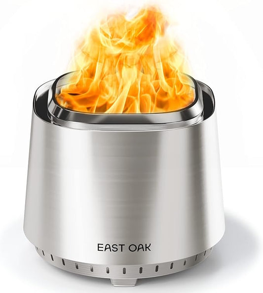 EAST OAK Camber Smokeless Fire Pit 17'' for Outside Patio, 304 Stainless Steel Wood Burning Fireplaces, Portable Outdoor Bonfire Pit with Poker, Stand & Removable Ash Pan for Camping, Chisel Steel