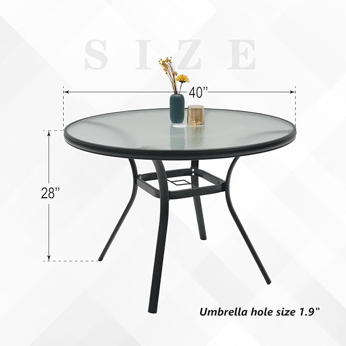 Round Outdoor Dining Table for 4 Person, 40 inch Glass Top, Black Powder-Coated Frame with Umbrella Hole Outdoor Furniture