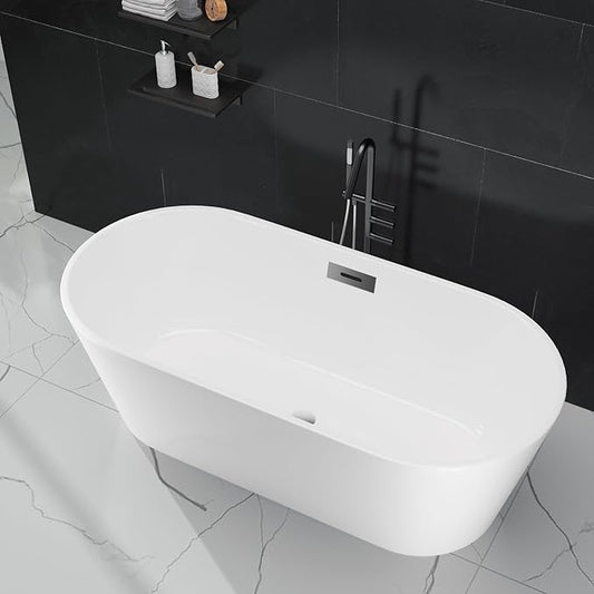 67" Free Standing Tub, Acrylic Soaking Bathtub, Stand Alone Freestanding Tub with Matte Sliver Drain and Overflow, Contemporary Bathtub for Bathroom, Burnish White