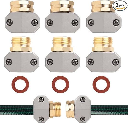 Hose repair kit,（3 Sets）garden hose repair Fittings Aluminum Female and Male With Zinc Clamp Water Hose End Repair Connector Fit 3/4 Inch And 5/8 Inch Garden Hose，garden hose repair kit