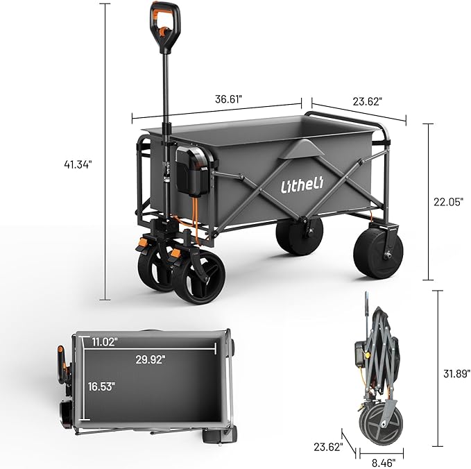 Litheli Electric Collapsible Wagon Cart with Brakes, 100L Grocery Cart with Wheels,Easy to Carry Folding Wagon for Camping, Gardening, Shopping