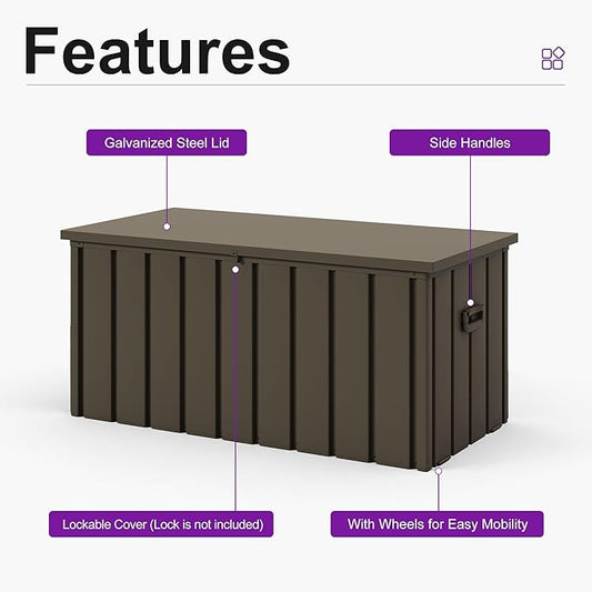 PURPLE LEAF Outdoor Deck Box 100 Gallon Waterproof Lockable Storage Box Container with Lid Deck Organization for Patio Cushions Side Table Pool Accessories Garden Tools, Brown