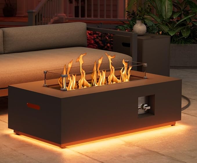 42 inch Propane Fire Pit Table, 2 in 1 Outdoor Fire Pit with 20lb Tank Cover, Outside Patio Deck and Garden, LED Gas Fireplace Table with Lid and Stone, 50,000 BTU Adjustable Flame, Black