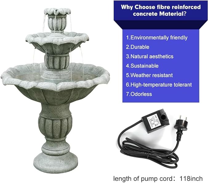 ourrco 39.3” H Outdoor Floor Water Fountain, 3-Tiers Concrete Water Fountain with Submersible Electric Pump - Garden Cascading Waterfall for Yard Patio Lawn Home Decor