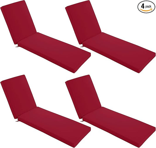 Chaise Lounge Cushions Outdoor Set of 4 - Waterproof and Fade Resistant Sun Lounger Replacement Cushions - Patio Lounger Pads with Removable Cover for Pool, Deck, Lawn, 80 x 26 x 3 Inch, Red