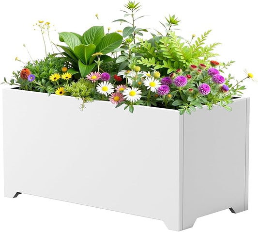 Large Planters for Outdoor Plants 32" L x 15" W x 15" H, Metal Planter Box with 6 Drainage Holes, Raised Bottom, All-Weather Garden Planter for Patio, Lawn, Commercial & Residential, White