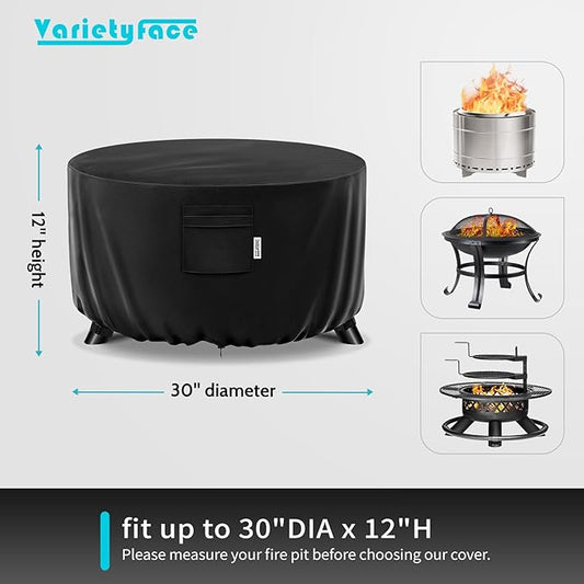 30" Round Fire Pit Cover – Heavy-Duty Waterproof Oxford, Buckle Straps, Air Vents & Drawstring – Windproof & UV-Resistant for Worry-Free Year-Round Protection on Patio Fire Pits & Tables