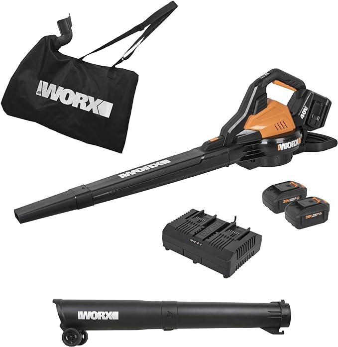 WORX Cordless Leaf Blower, 3 in 1 Blowers for Lawn Care with Leaf Vacuum & Leaf Mulcher, Electric Blower with Brushless Motor & 2 Speed Control, 2 × 4.0 Ah Batteries & Charger Included, WG583