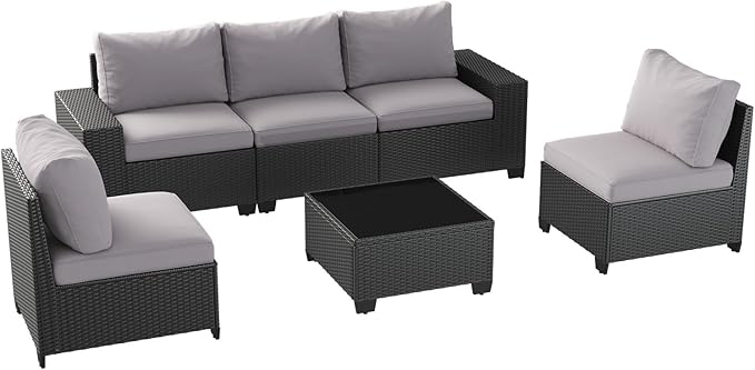 Aoxun Patio Furniture Set, 6 Pcs Outdoor Patio Furniture Sets with 4in Thicken Cushion, Widen Armrests Wicker Outdoor Sectional for Backyard (Waterproof Cover Include)