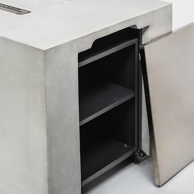 70" Linear Rectangular Modern Concrete Fire Pit Table, Double Level Storage Unit and Lava Rocks, Side Handles – Light Grey.