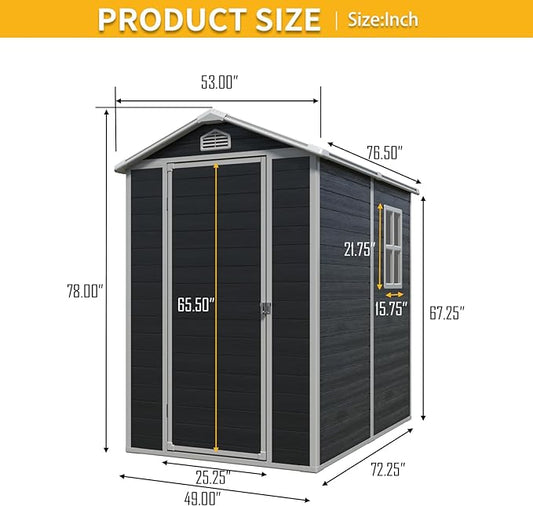 JT 4×6ft Resin Outdoor Storage Shed,Outdoor Storage Shed with Floor & Window to Store Patio Furniture, Garden Tools Bike Accessories, Beach Chairs and Lawn Mower. (Black, 4ft*6ft)