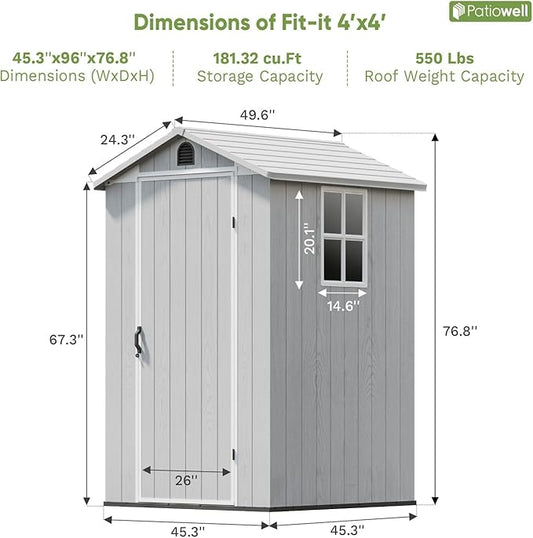 Patiowell 4 x 4 FT Plastic Outdoor Storage Shed with Floor, Garden Tool Shed with Two Windows and Single Lockable Door for Garden, Backyard, Lawn, Easy to Install, Light Grey(Fit-it Shed)