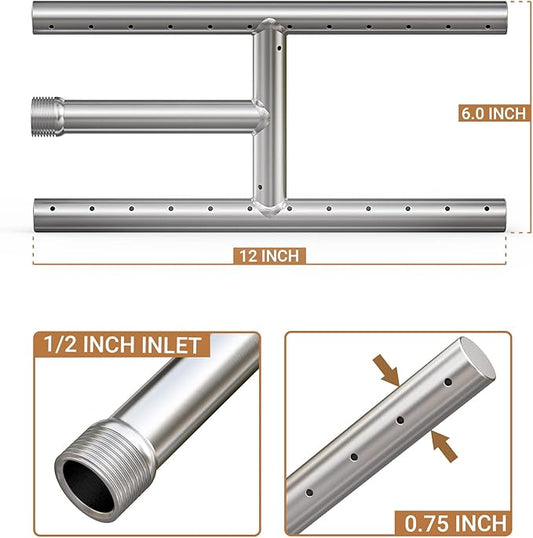 Onlyfire Stainless Steel Fireplace H-Burner for Natural Gas & Propane Fire Pit and Fireplace, 12 x 6 Inch Rectangular DIY Firepit H Burner for Indoor and Outdoor, BTU Max 60,000