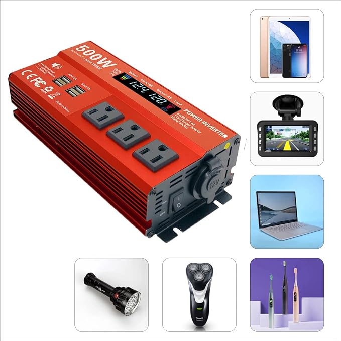 500W Peak 1000W Power Inverter for Vehicles,DC 12V to 110V AC,4 x 2.4A USB Ports car Plug in Adapter Outlet with 1 Cigarette Lighter Ports car Power Inverter