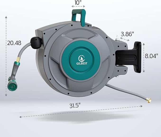 130 ft x 1/2" Retractable Garden Hose Reel, Heavy Duty Water Hose Reel Wall Mounted, Any Length Lock, 180°Swivel, Water Hose with 10-Function Nozzle for Cleaning, Watering (Green)
