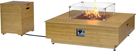 Kinger Home Harmony 43-Inch Large Square Outdoor Propane Gas Fire Pit Table, 50,000 BTUs, CSA Certified Includes Side Table, Lava Rock and Weatherproof Cover