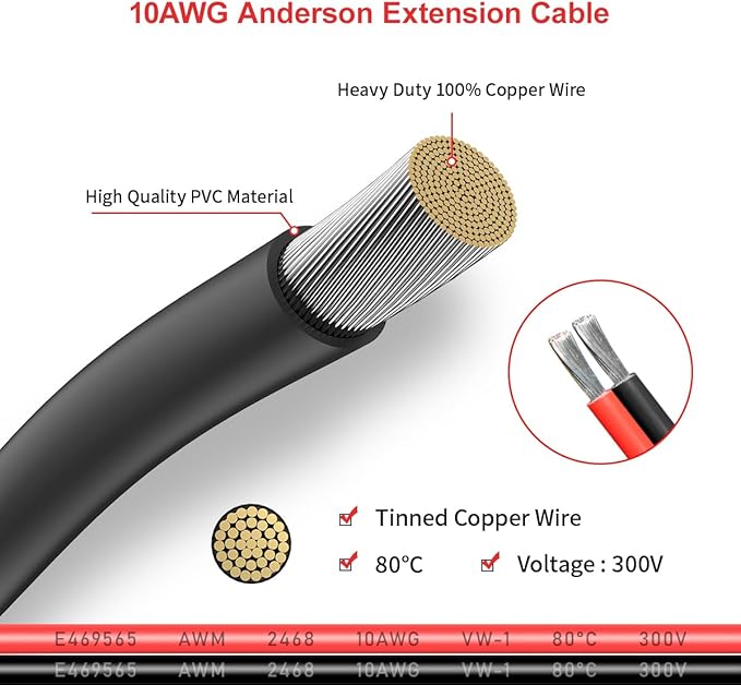 ELFCULB 10AWG 50FT Anderson Extension Cable 2 6 10 20 35 50 75 100FT Solar Extension Cable Anderson Connector for Portable Power Station Solar Generator Solar Panel (50FT)
