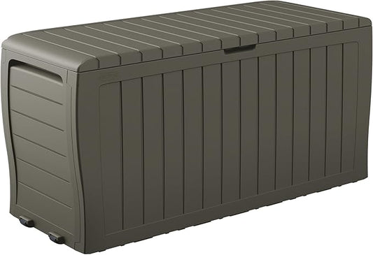 Keter Marvel Plus 71 Gallon Resin Outdoor Storage Box for Patio Furniture Cushions, Throw Pillows, Garden Tools and Pool Floats, Taupe