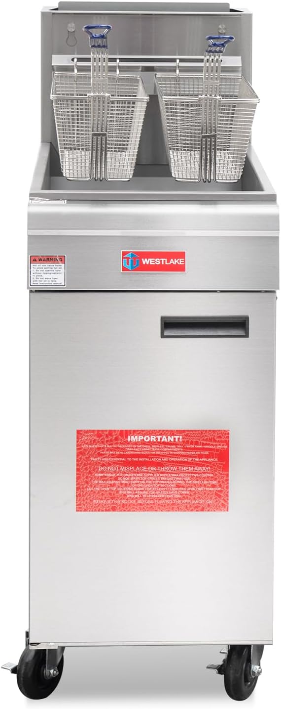 WESTLAKE Commercial Gas Deep Fryer, Stainless Steel Free Standing Floor Frye with Baskets 4 Tube 120000 BTU 50LB for Restaurants